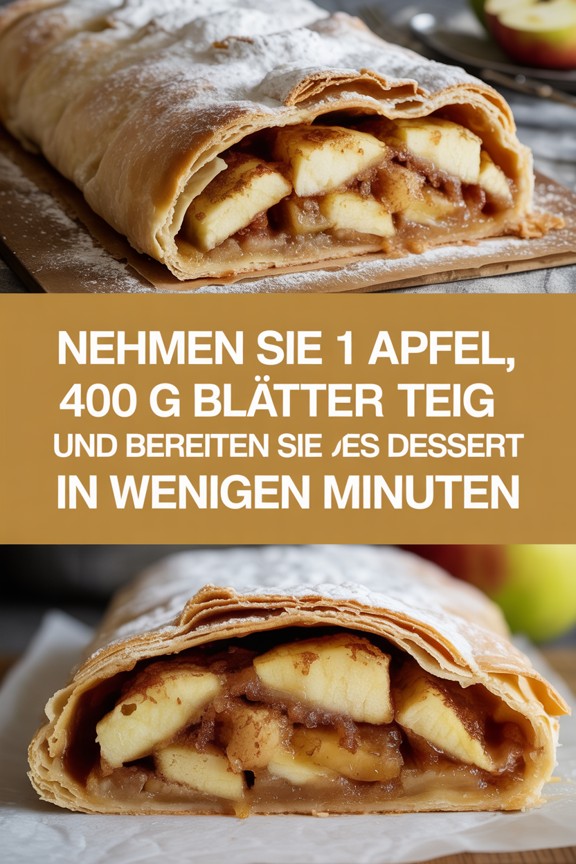 Nehmen Sie 1 Apfel, 400 g Blätterteig und bereiten Sie dieses Dessert in wenigen Minuten