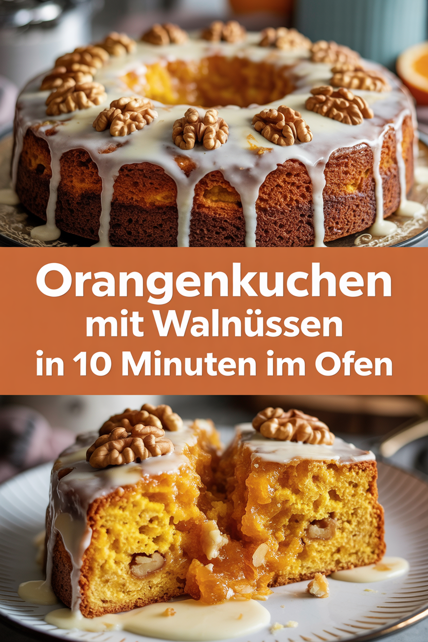 Orangenkuchen mit Walnüssen in 10 Minuten im Ofen