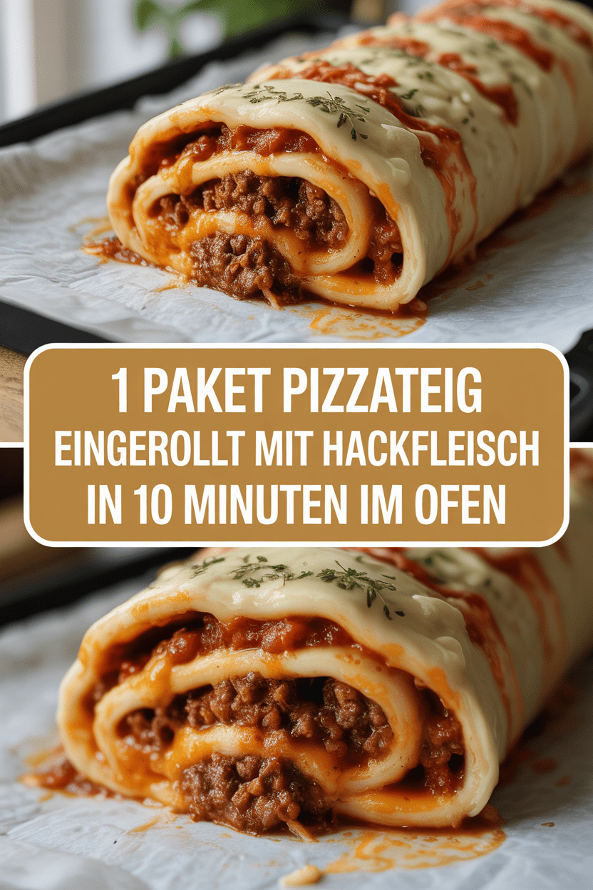 1 Paket Pizzateig eingerollt mit Hackfleisch in 10 Minuten im Ofen