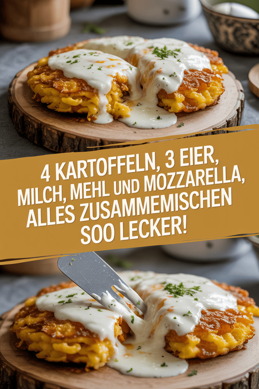 4 Kartoffeln, 3 Eier, Milch, Mehl und Mozzarella, alles zusammenmischen soo lecker!