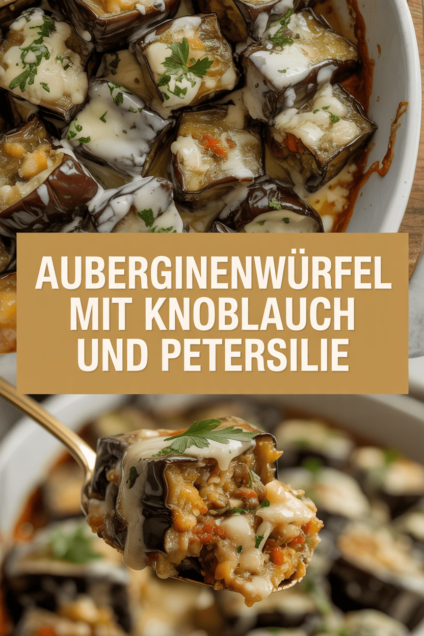 Auberginenwürfel mit Knoblauch und Petersilie