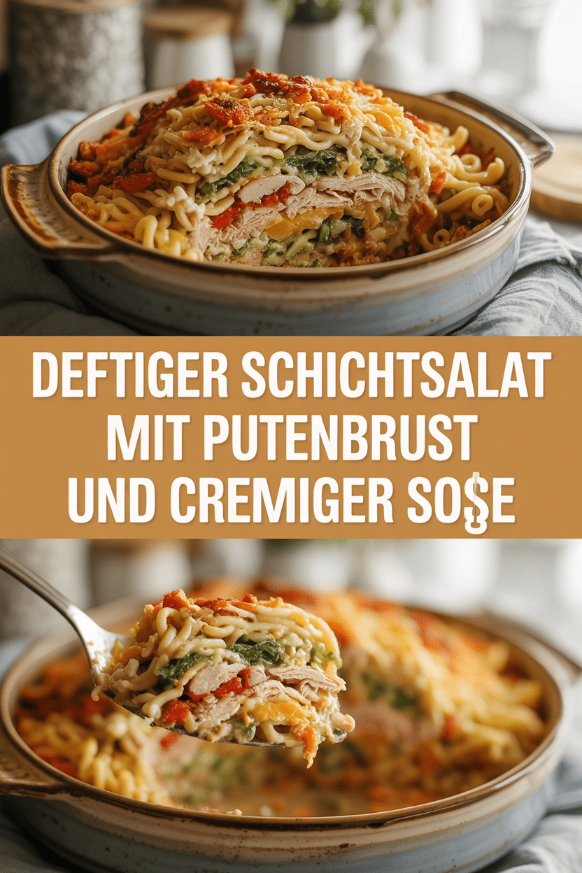 Deftiger Schichtsalat mit Putenbrust und cremiger Soße