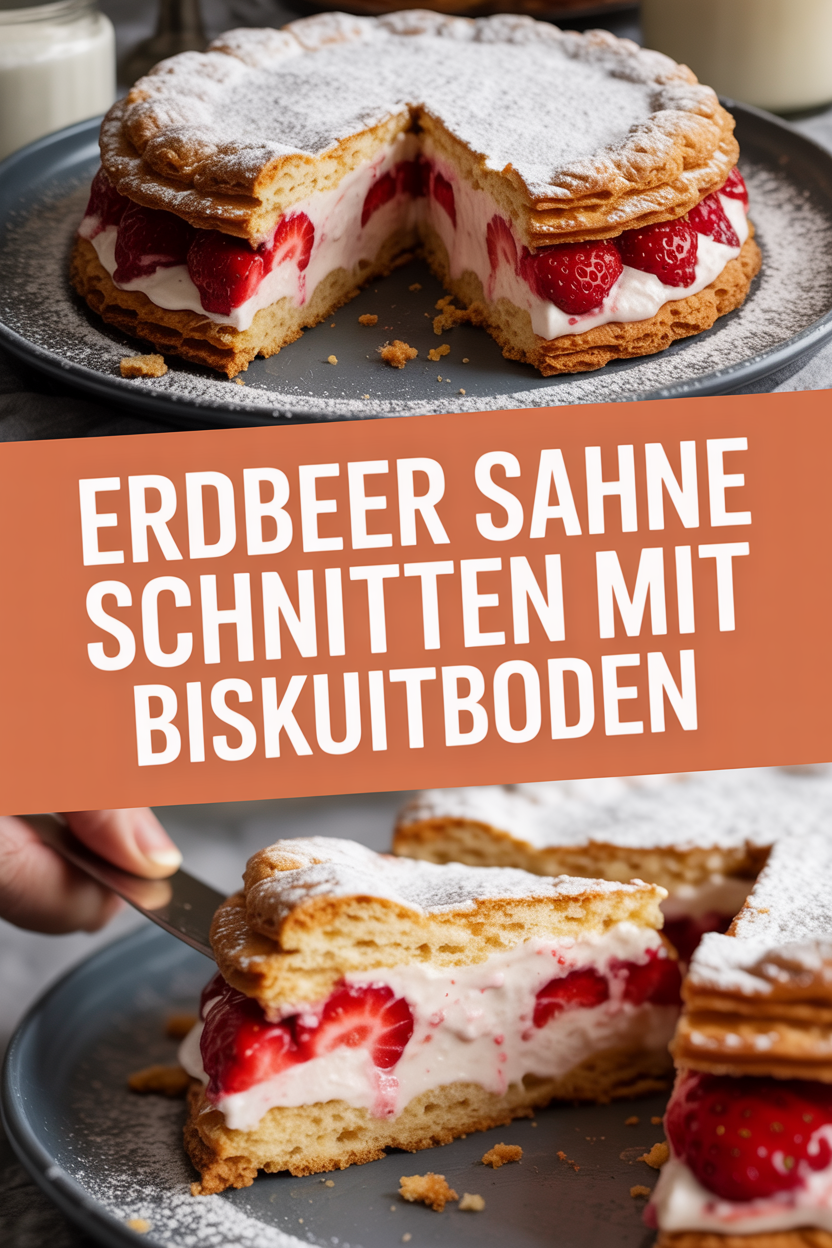 Erdbeer Sahne Schnitten mit Biskuitboden