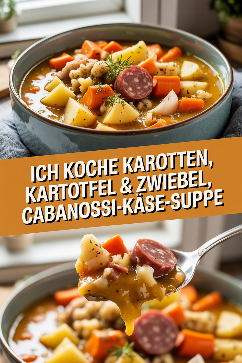 Ich koche Karotten, Kartoffel & Zwiebel, Cabanossi-Käse-Suppe