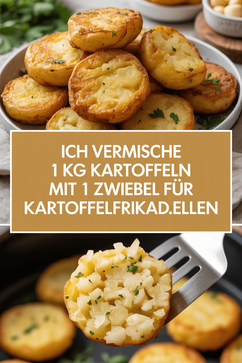 Ich vermische 1 kg Kartoffeln mit 1 Zwiebel fur Karrtoffelfrikadellen