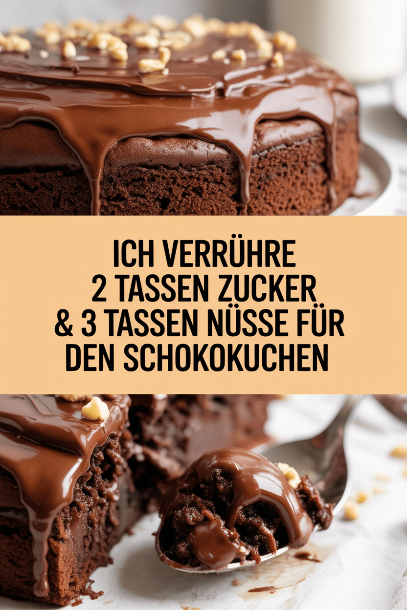 Ich verrühre 2 Tassen Zucker & 3 Tassen Nüsse für den Schokokuchen