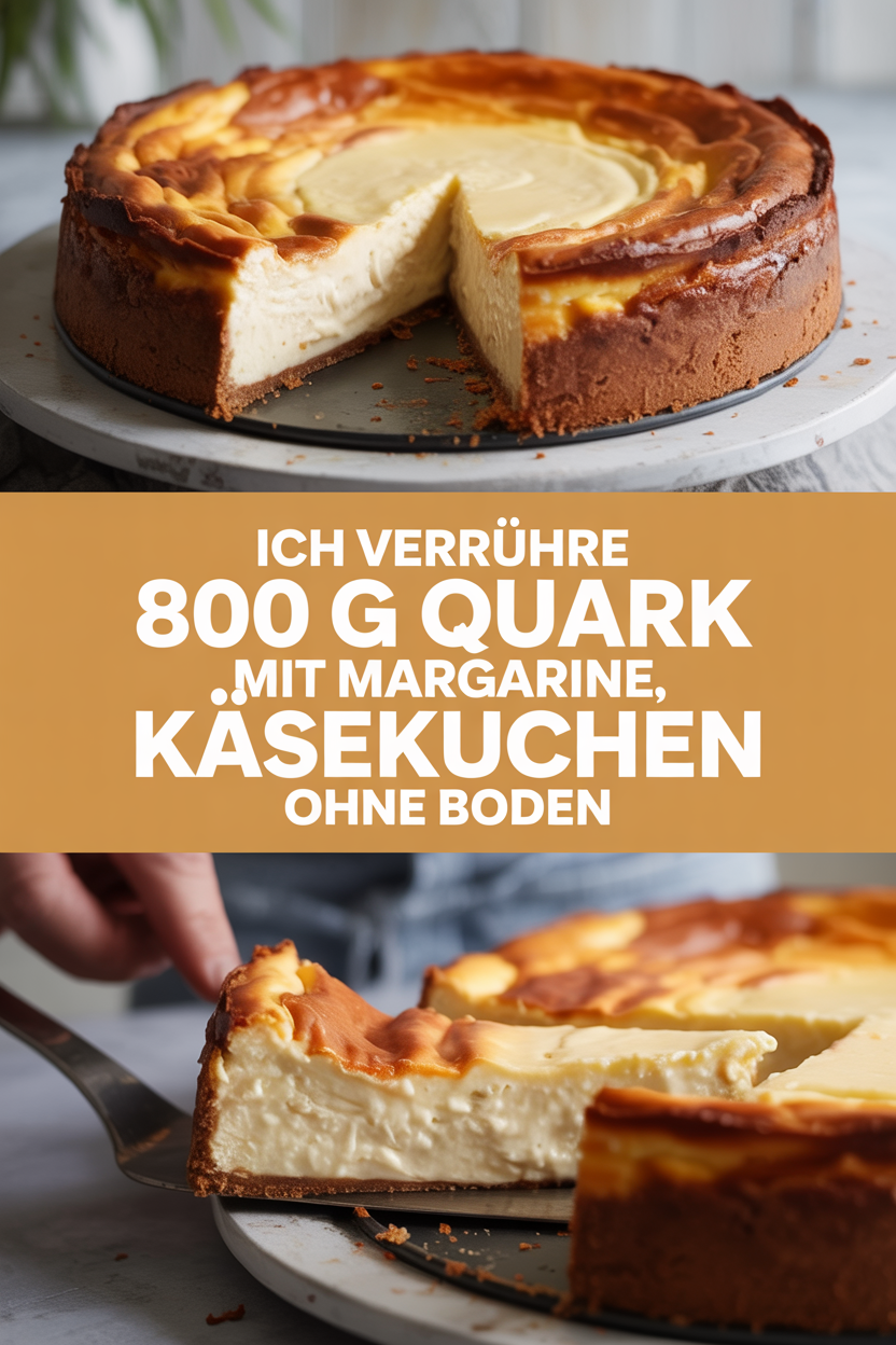 Ich verrühre 800 g Quark mit Margarine, Käsekuchen ohne Boden
