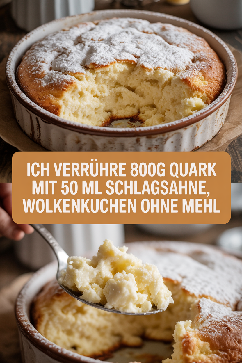 Ich verrühre 800g Quark mit 50 ml Schlagsahne, Wolkenkuchen ohne Mehl