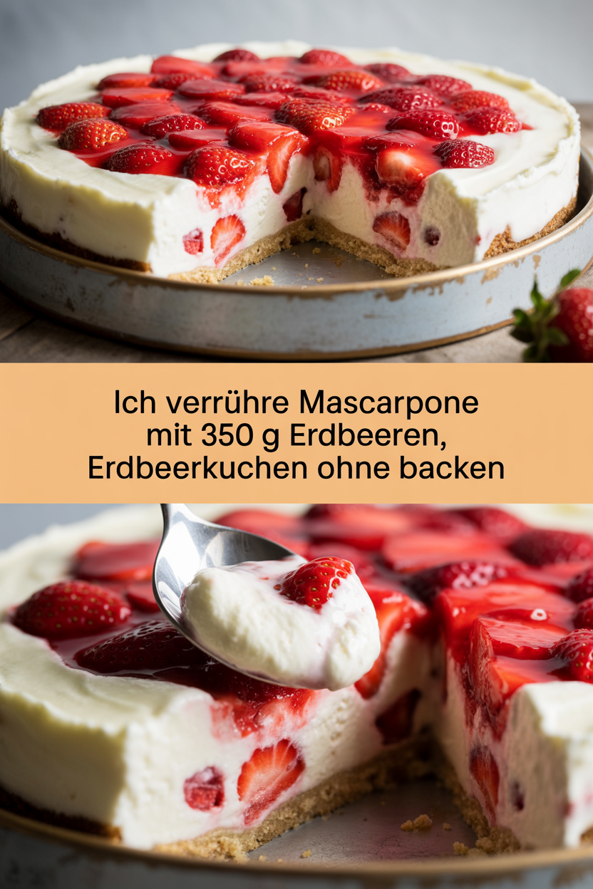 Ich verrühre Mascarpone mit 350 g Erdbeeren, Erdbeerkuchen ohne Backen