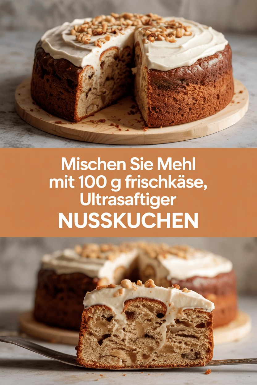 Mischen Sie Mehl mit 100 g Frischkäse, Ultrasaftiger Nusskuchen