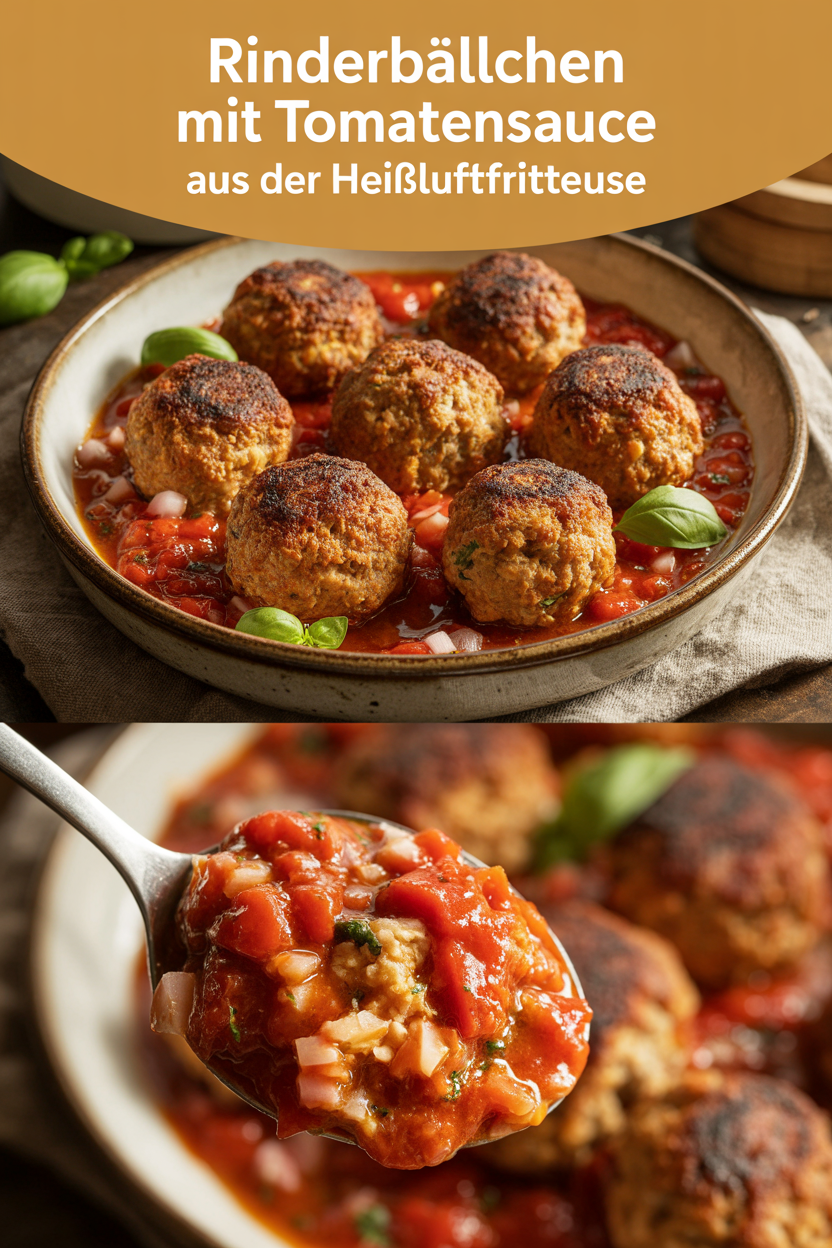Rinderbällchen mit Tomatensauce aus der Heißluftfritteuse