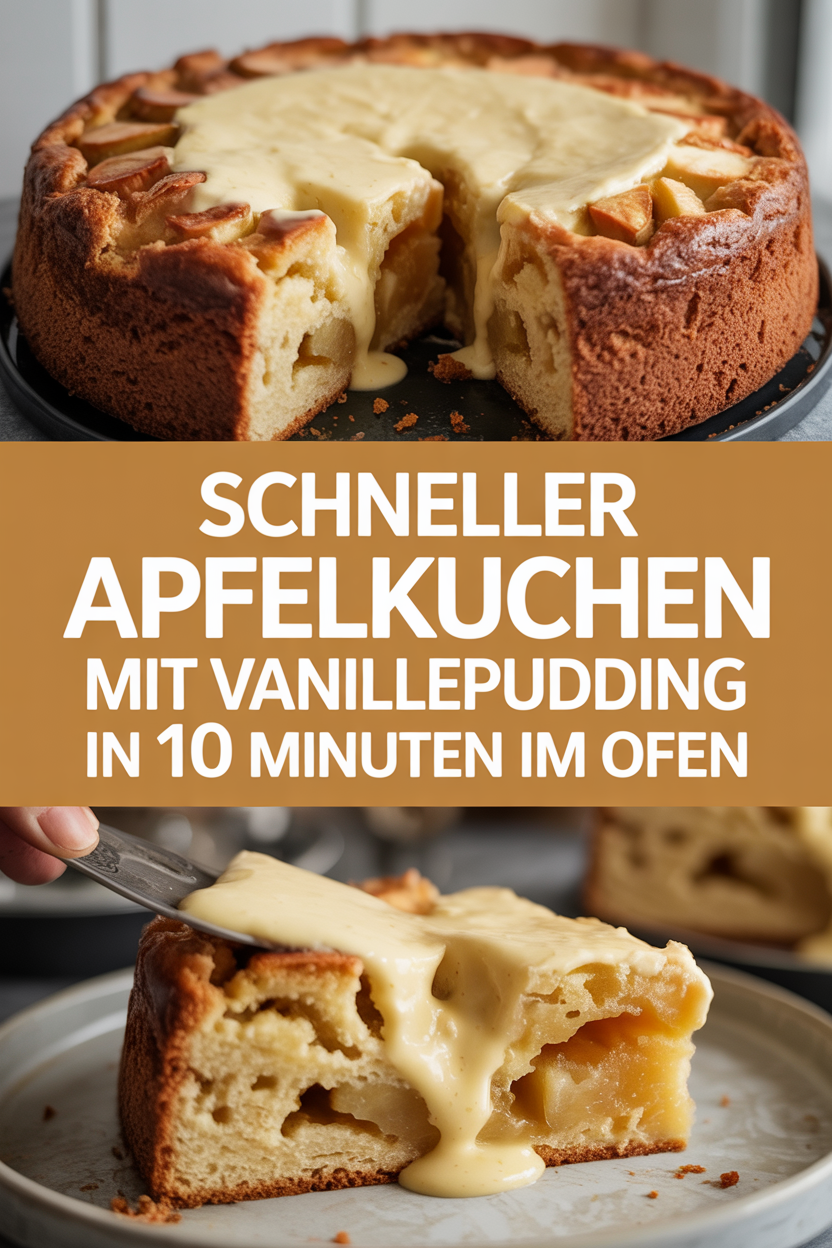 Schneller Apfelkuchen mit Vanillepudding in 10 Minuten im Ofen