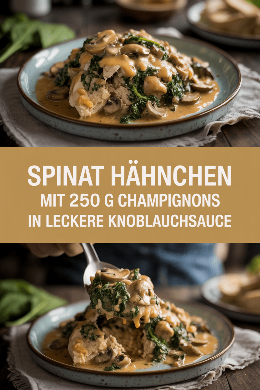 Spinat Hähnchen mit 250 g Champignons in leckere Knoblauchsauce