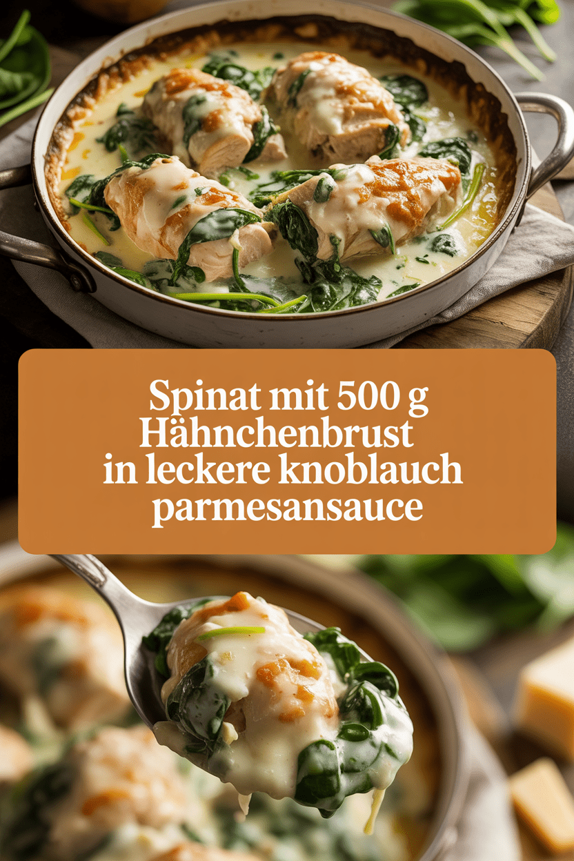 Spinat mit 500 g Hähnchenbrust in leckere Knoblauch Parmesansauce