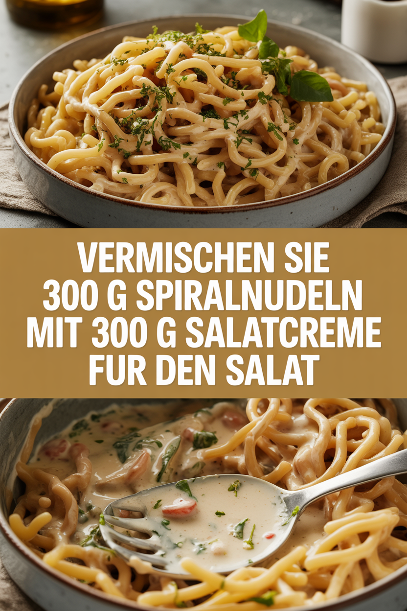 Vermischen Sie 300 g Spiralnudeln mit 300 g Salatcreme fur den Salat
