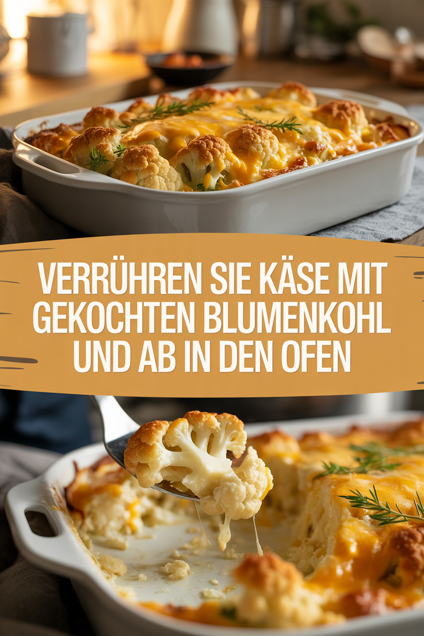 Verrühren Sie Käse mit gekochten Blumenkohl und ab in den Ofen