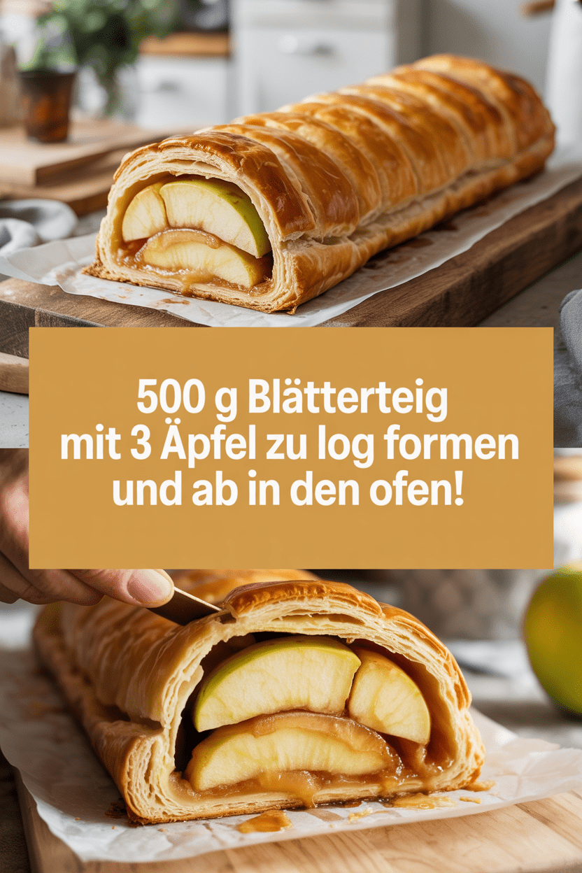 500 g Blätterteig mit 3 Äpfel zu Log formen und ab in den Ofen!