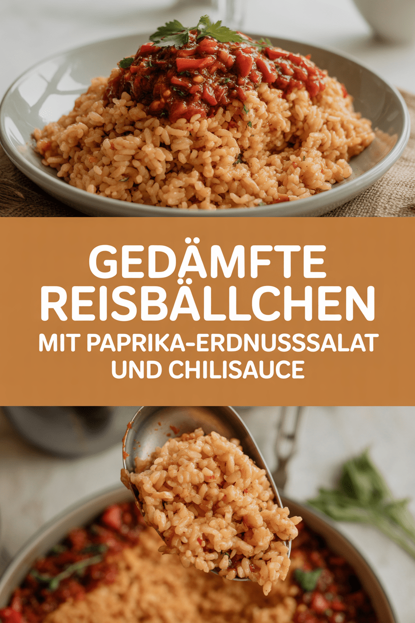 Gedämpfte Reisbällchen mit Paprika-Erdnusssalat und Chilisauce