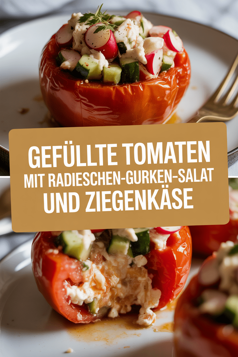 Gefüllte Tomaten mit Radieschen-Gurken-Salat und Ziegenkäse