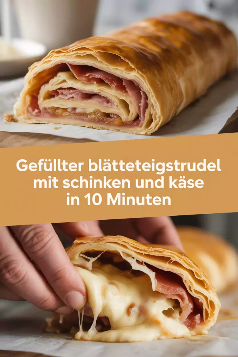 Gefüllter Blätterteigstrudel mit Schinken und Käse in 10 Minuten