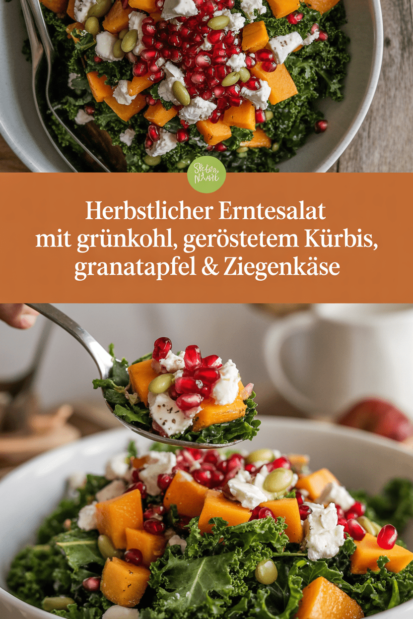 Herbstlicher Erntesalat mit Grünkohl, geröstetem Kürbis, Granatapfel & Ziegenkäse