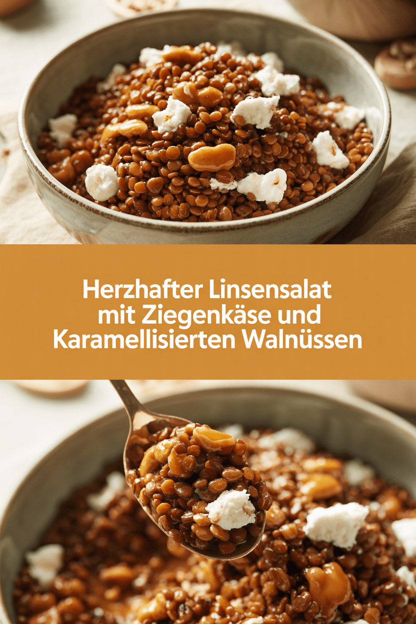Herzhafter Linsensalat mit Ziegenkäse und karamellisierten Walnüssen