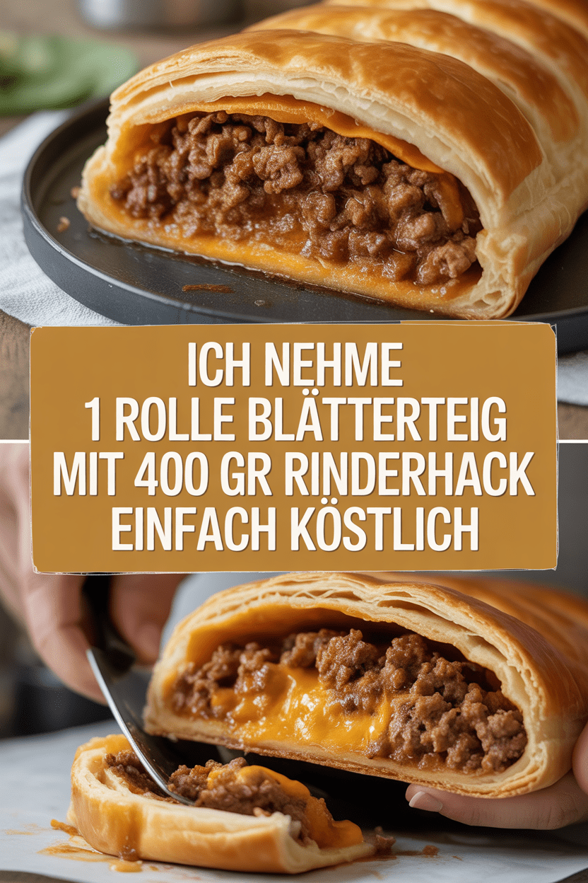 Ich nehme 1 Rolle Blätterteig mit 400 gr Rinderhack einfach köstlich