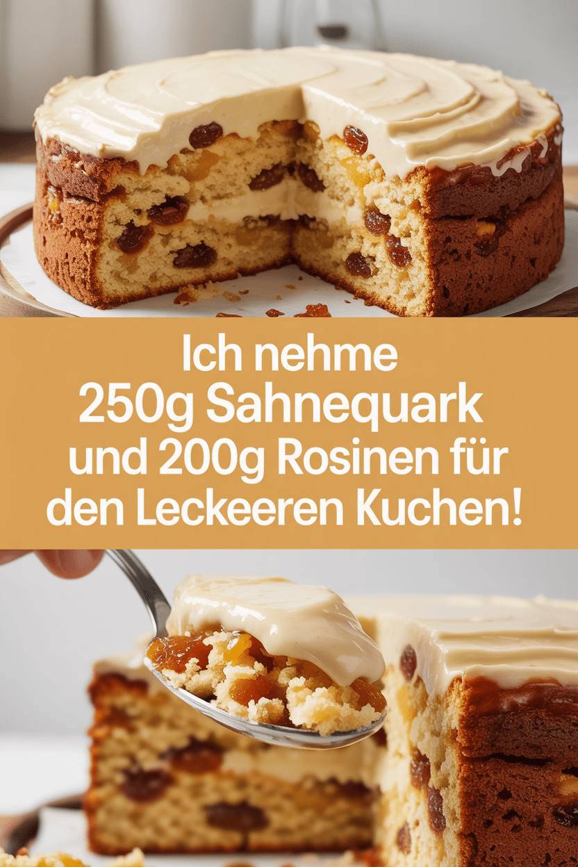 Ich nehme 250g Sahnequark und 200g Rosinen für den leckeren Kuchen!
