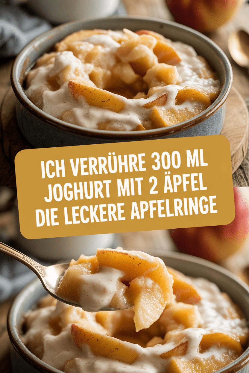 Ich verrühre 300 ml Joghurt mit 2 Äpfel für die leckere Apfelringe