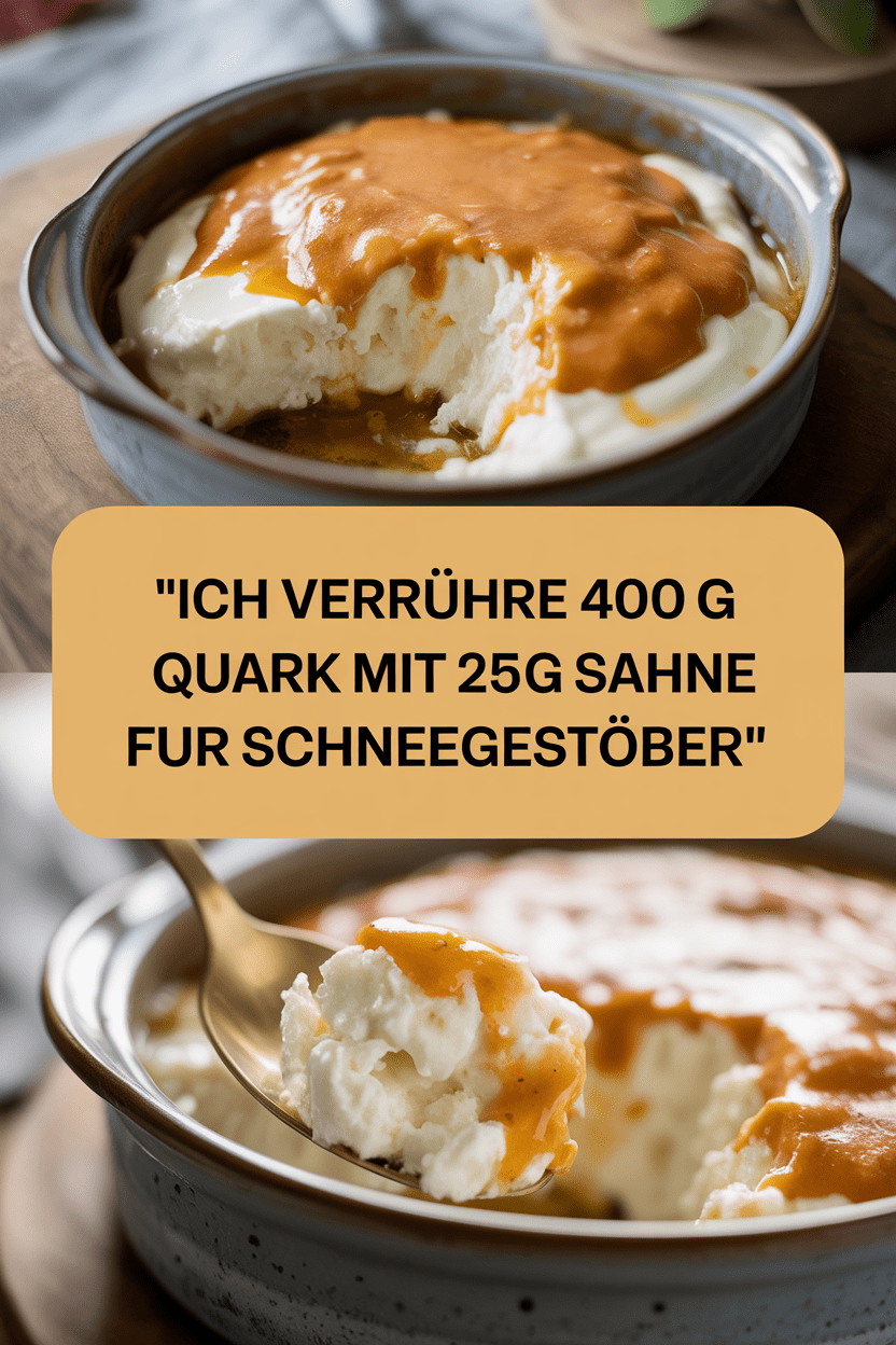 Ich verrühre 400 g Quark mit 250 g Sahne fur Schneegestöber