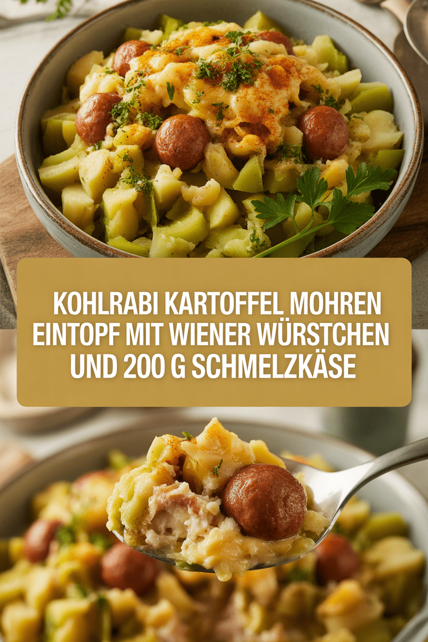 Kohlrabi Kartoffel Mohren Eintopf mit Wiener Würstchen und 200 g Schmelzkäse