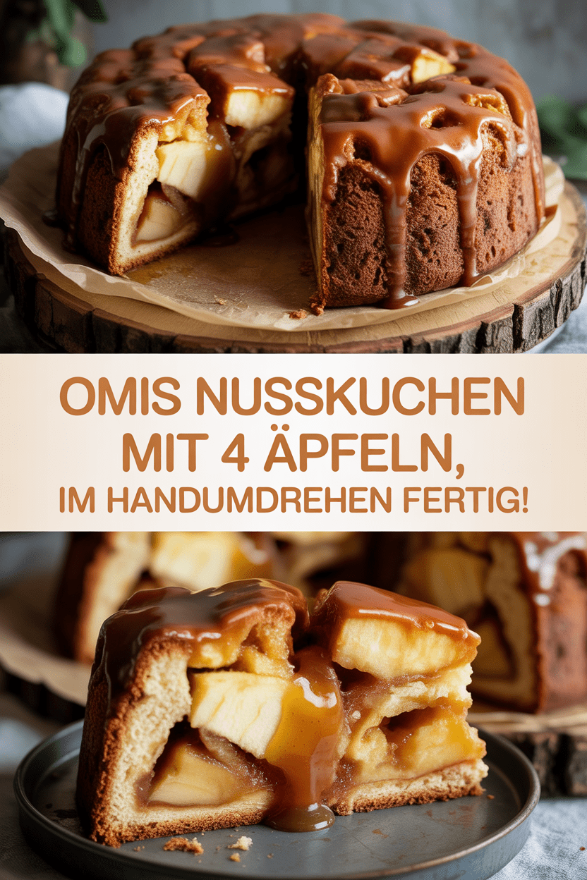 Omis Nusskuchen mit 4 Äpfeln, im Handumdrehen fertig!