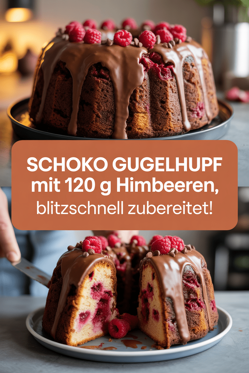 Schoko Gugelhupf mit 120 g Himbeeren, blitzschnell zubereitet!