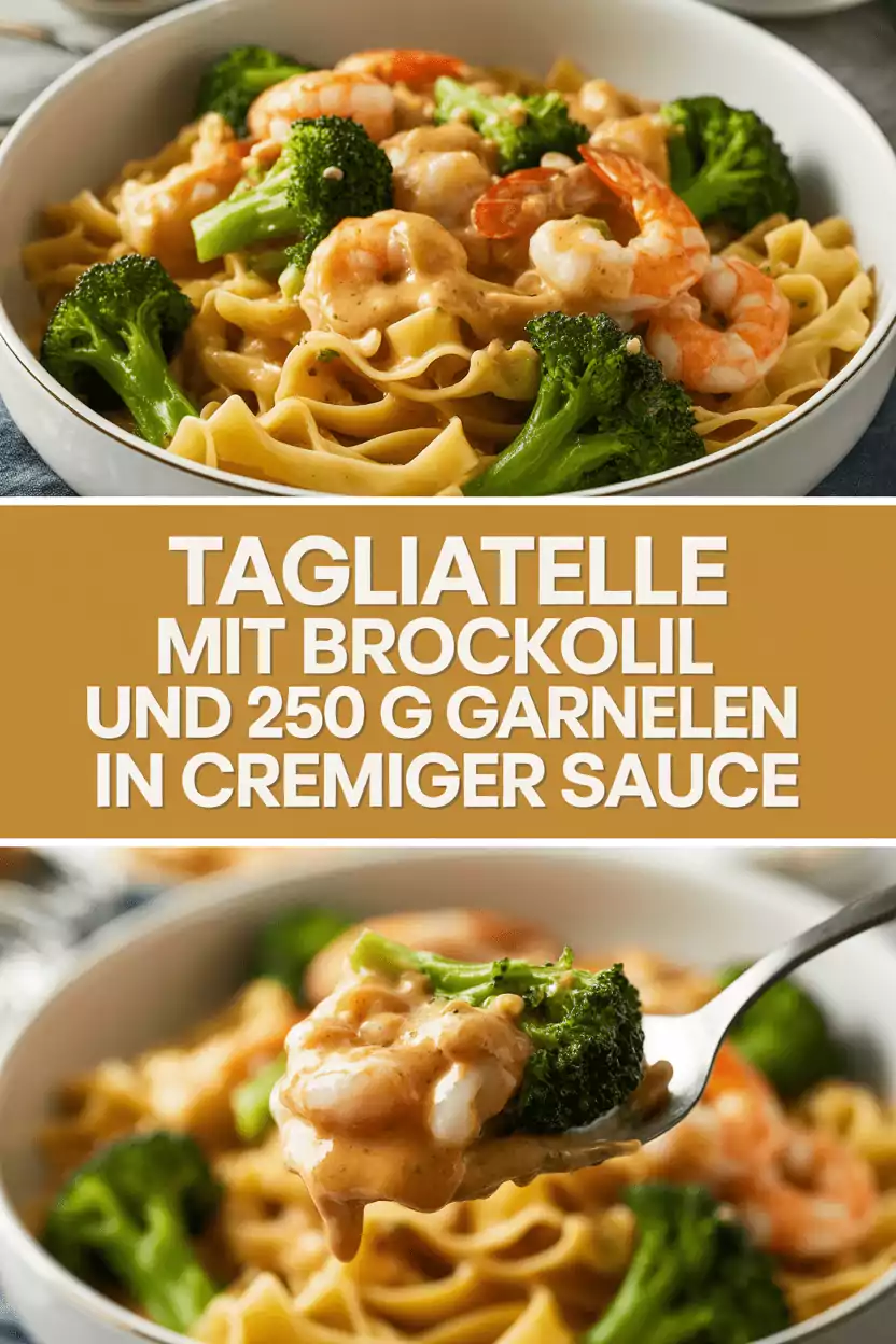 Tagliatelle mit Brokkoli und 250 g Garnelen in cremiger Sauce