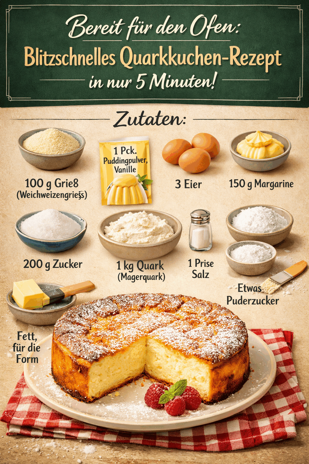 Bereit für den Ofen: Blitzschnelles Quarkkuchen-Rezept in nur 5 Minuten!