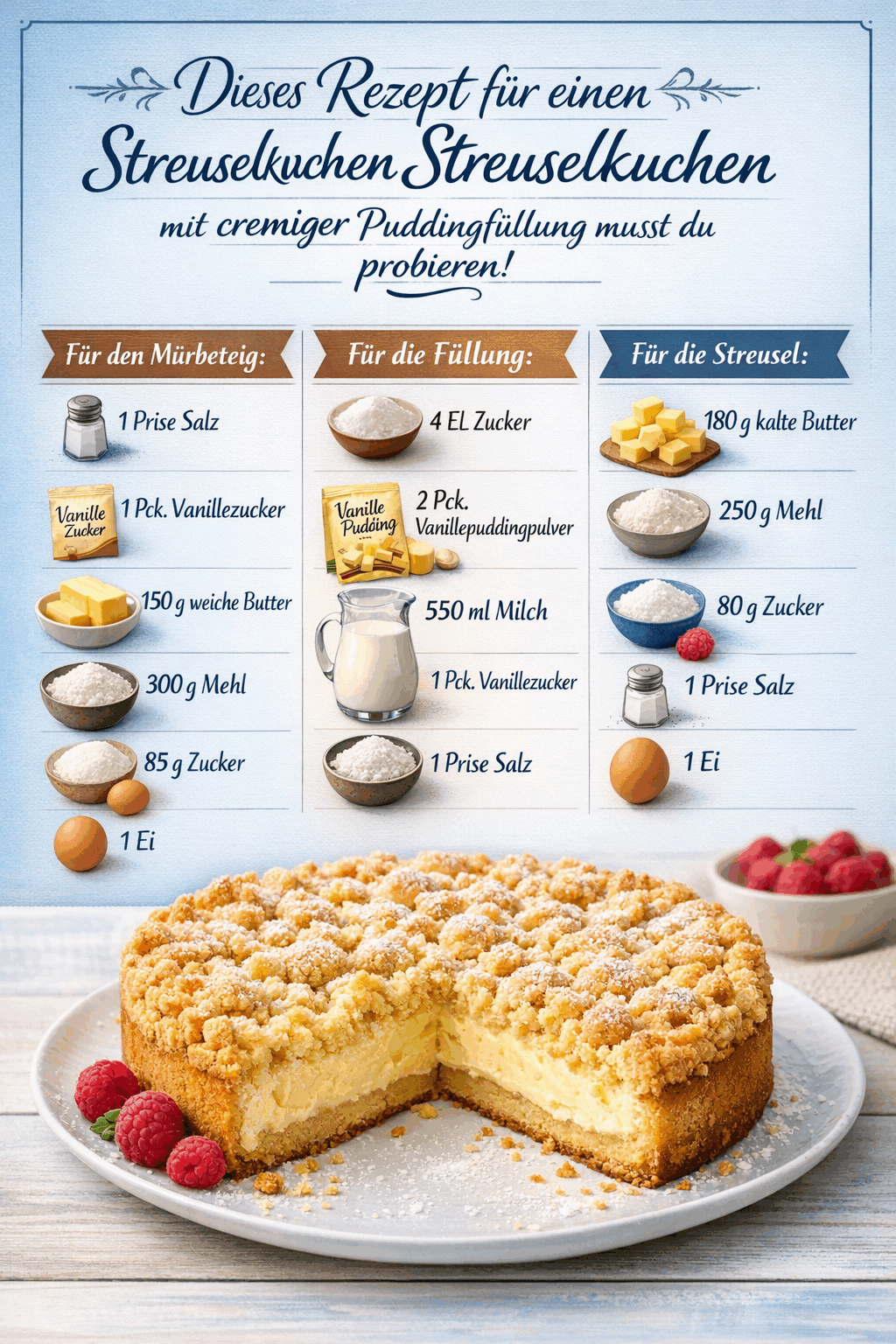 Dieses Rezept für einen himmlischen Streuselkuchen mit cremiger Puddingfüllung musst du probieren!