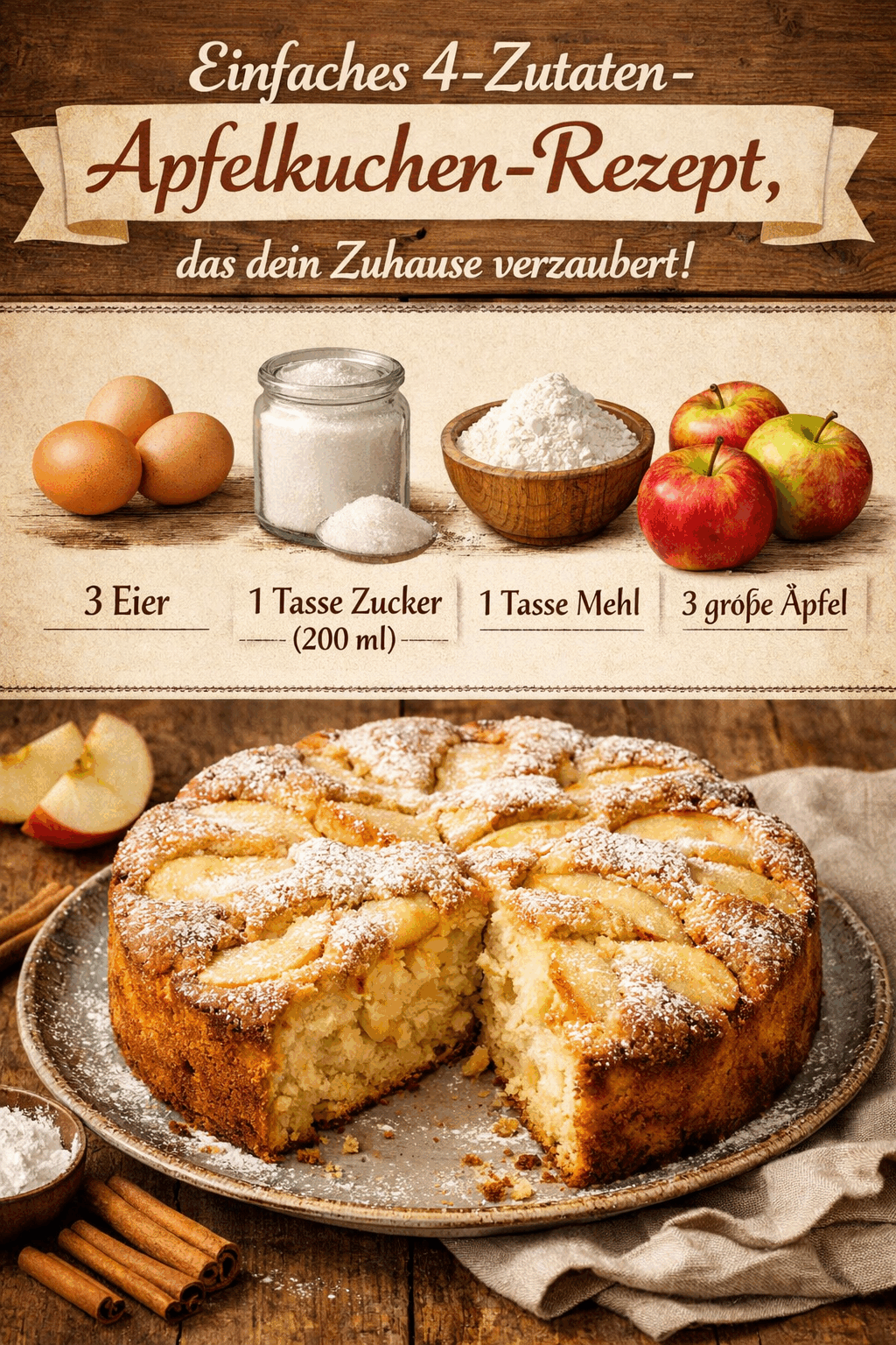 Einfaches 4-Zutaten-Apfelkuchen-Rezept, das dein Zuhause verzaubert!