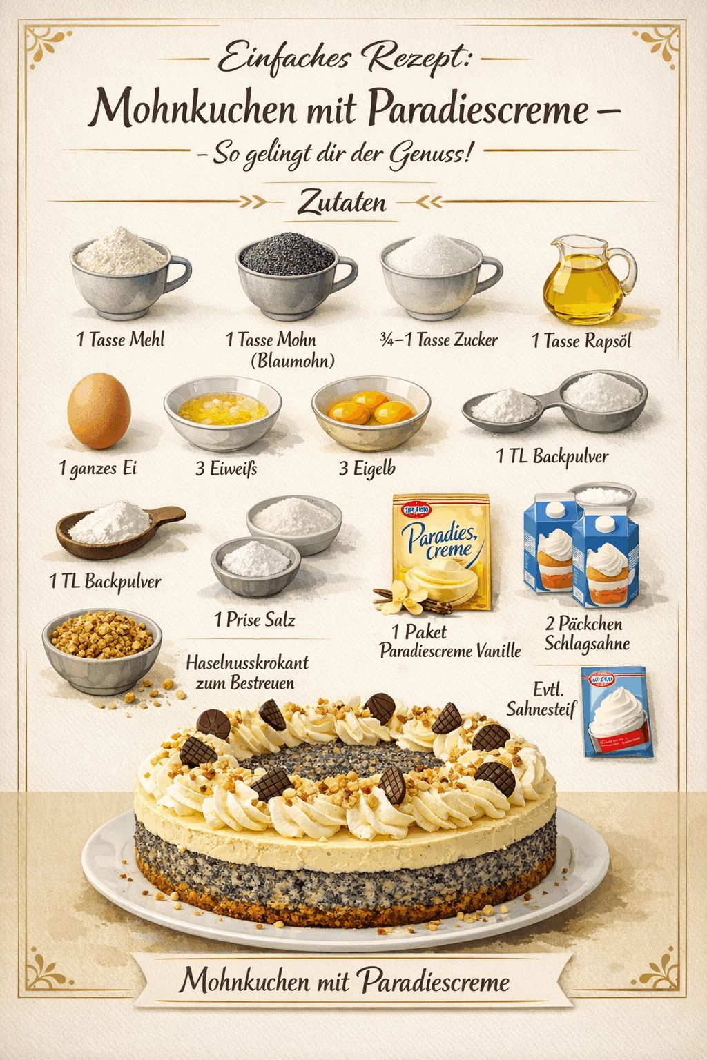 Einfaches Rezept: Mohnkuchen mit Paradiescreme – So gelingt dir der Genuss!