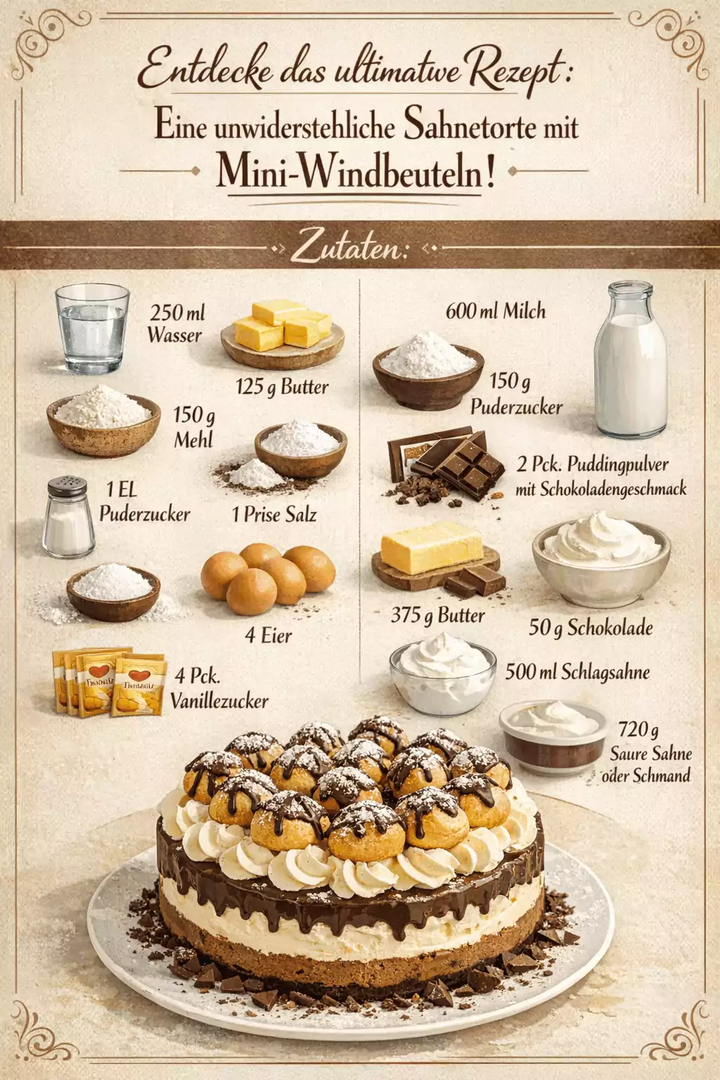 Entdecke das ultimative Rezept: Eine unwiderstehliche Sahnetorte mit Mini-Windbeuteln!