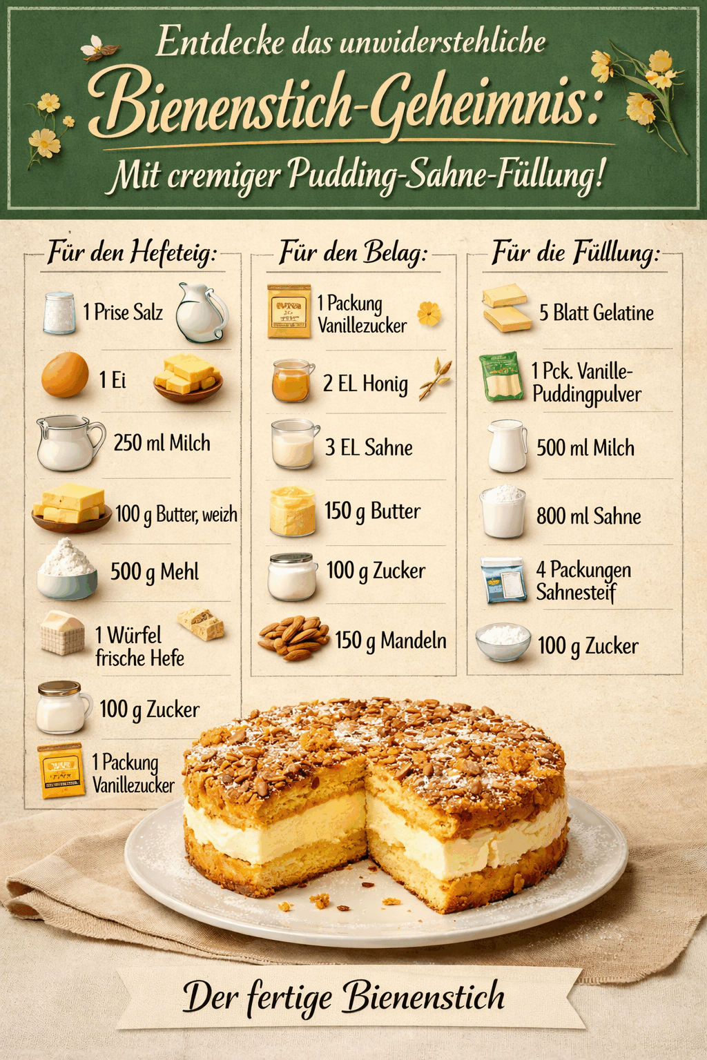 Entdecke das unwiderstehliche Bienenstich-Geheimnis: Mit cremiger Pudding-Sahne-Füllung!