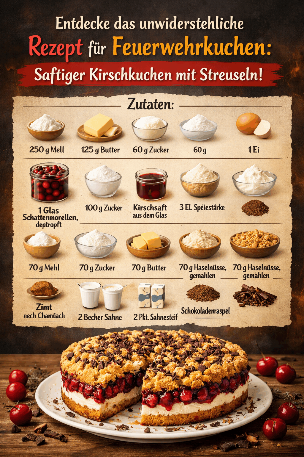 Entdecke das unwiderstehliche Rezept für Feuerwehrkuchen: Saftiger Kirschkuchen mit Streuseln!