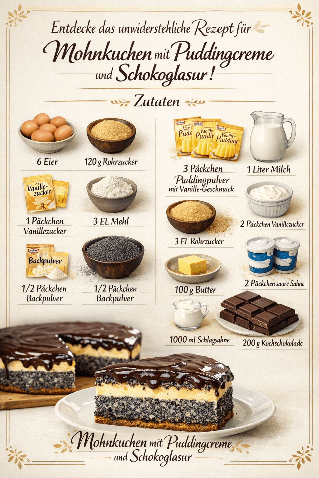 Entdecke das unwiderstehliche Rezept für Mohnkuchen mit Puddingcreme und Schokoglasur!