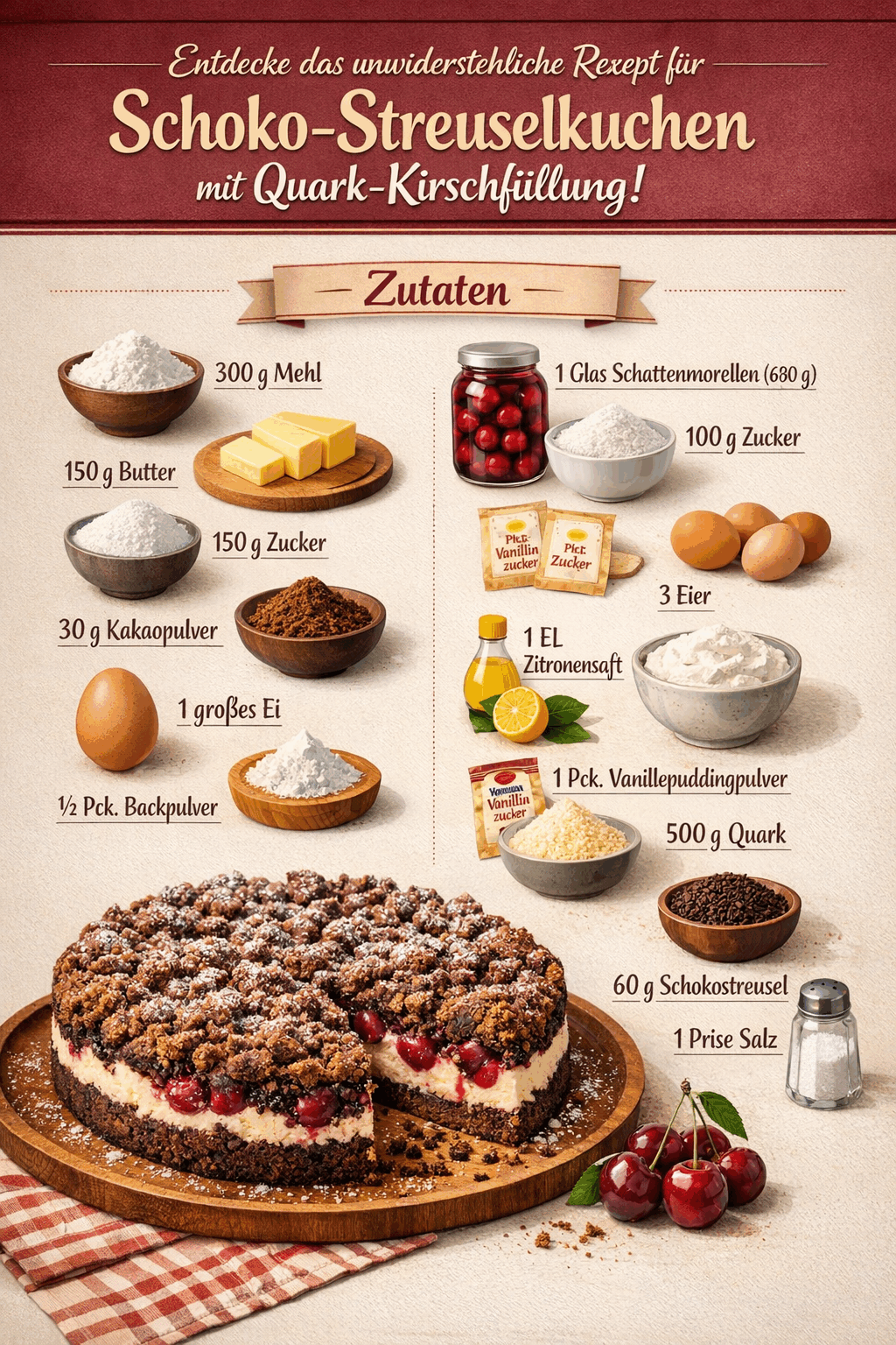 Entdecke das unwiderstehliche Rezept für Schoko-Streuselkuchen mit Quark-Kirschfüllung!