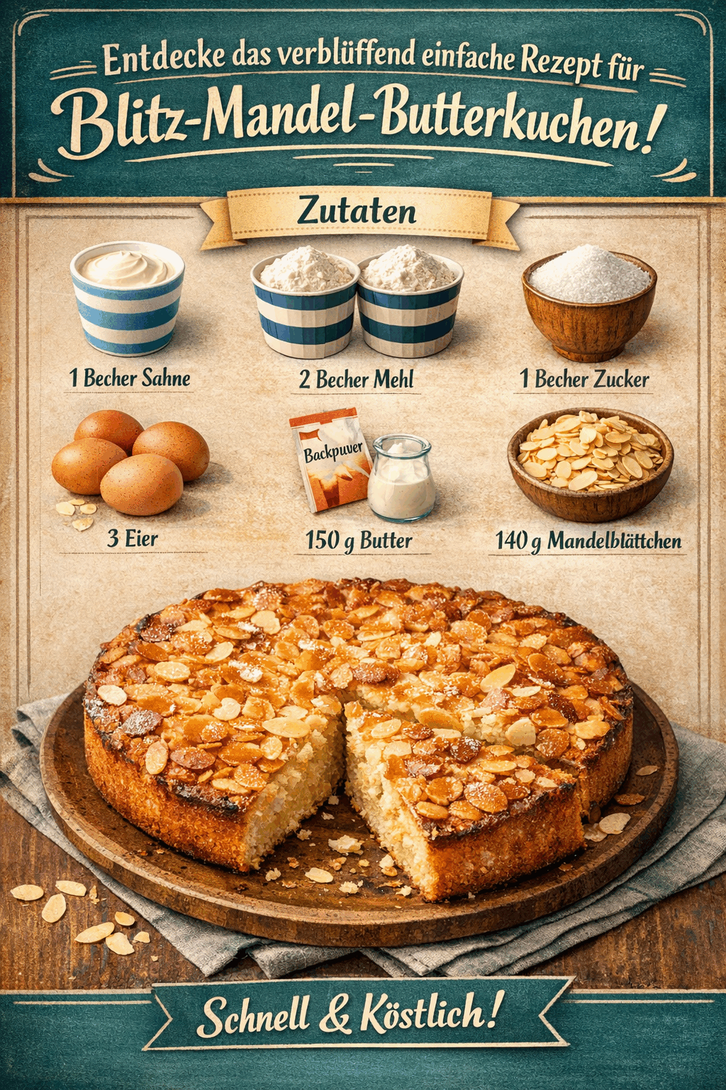 Entdecke das verblüffend einfache Rezept für Blitz-Mandel-Butterkuchen!