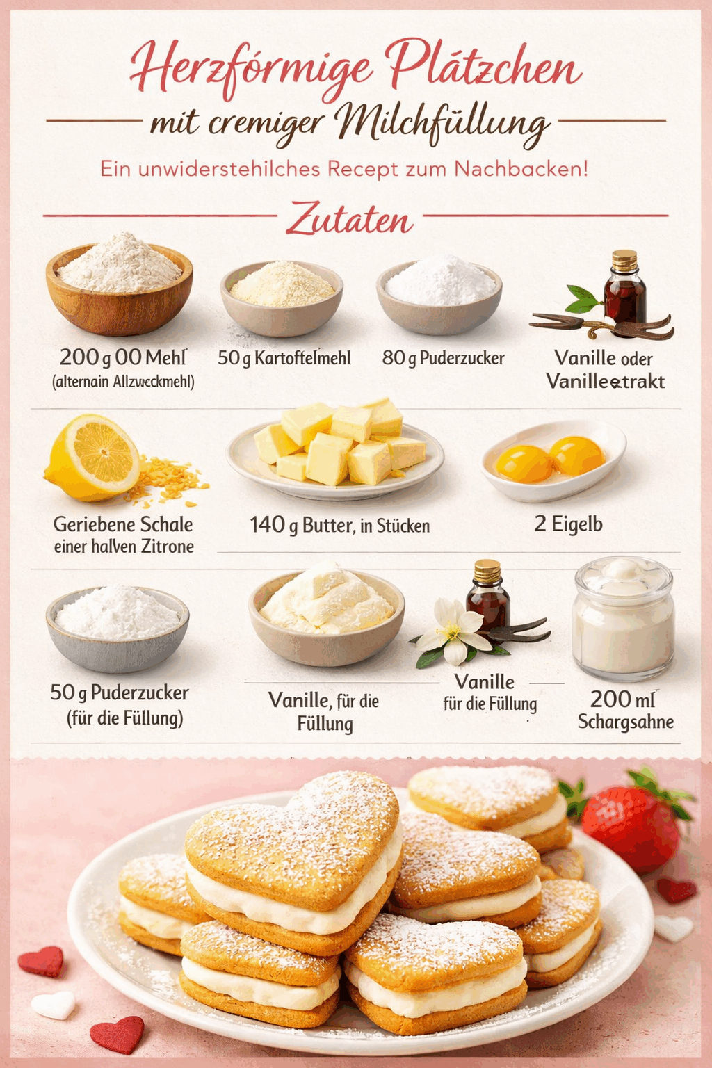 Herzförmige Plätzchen mit cremiger Milchfüllung – Ein unwiderstehliches Rezept zum Nachbacken!