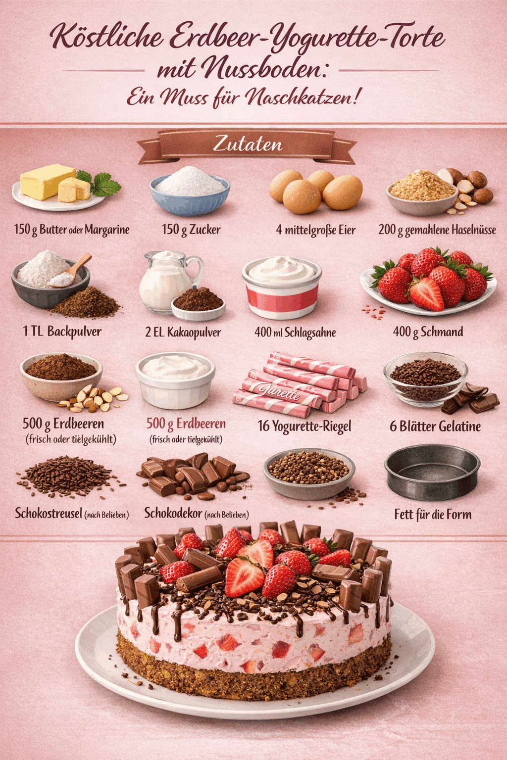 Köstliche Erdbeer-Yogurette-Torte mit Nussboden: Ein Muss für Naschkatzen!