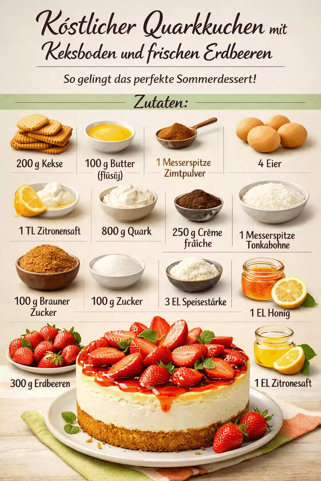 Köstlicher Quarkkuchen mit Keksboden und frischen Erdbeeren – So gelingt das perfekte Sommerdessert!