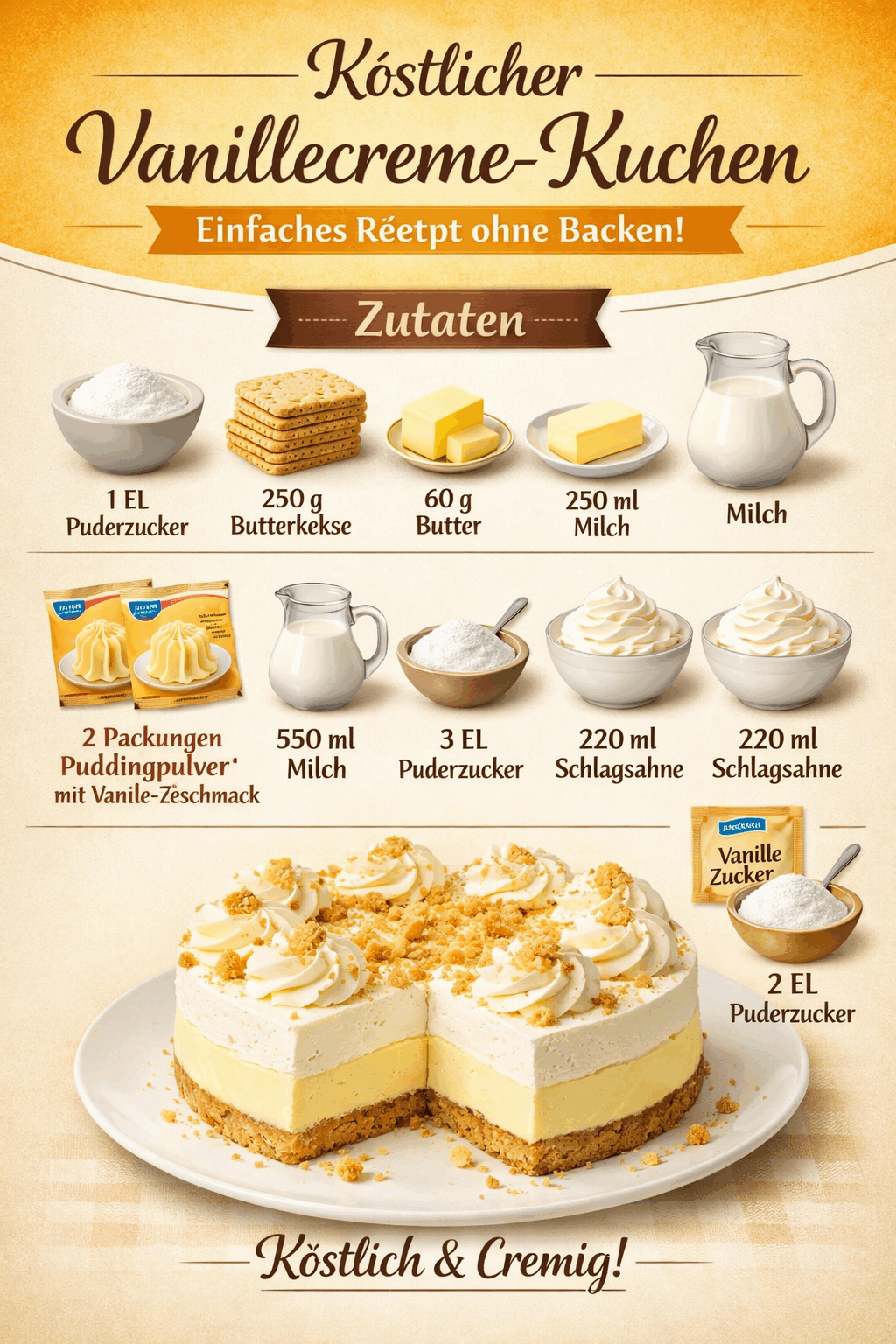 Köstlicher Vanillecreme-Kuchen: Einfaches Rezept ohne Backen!