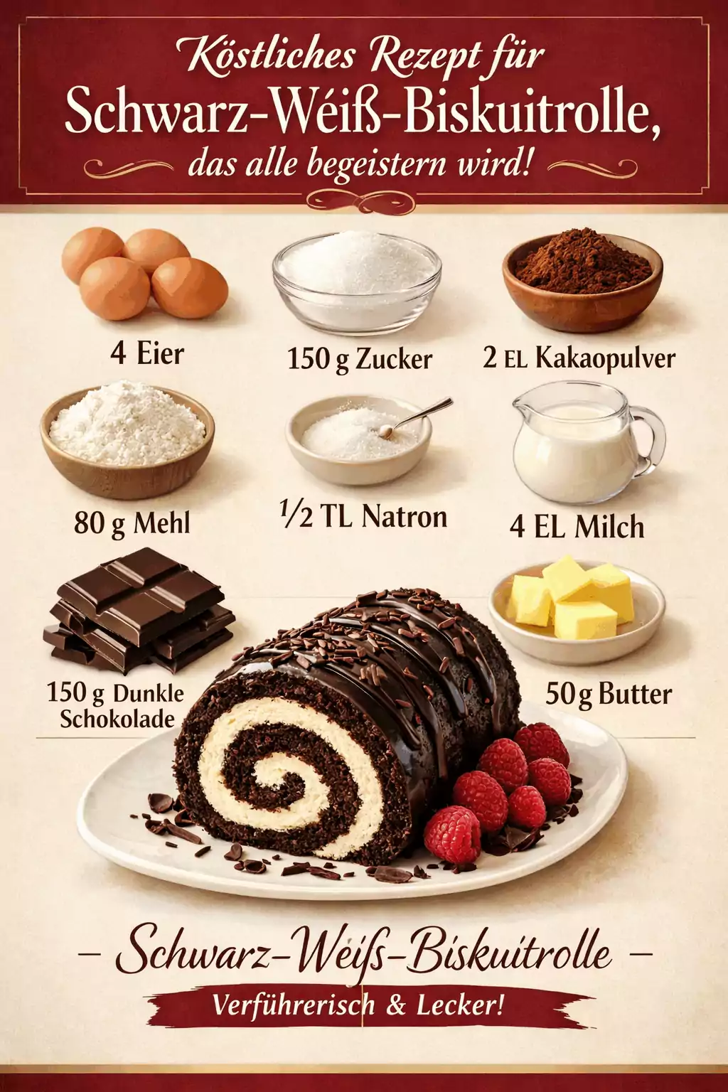 Köstliches Rezept für Schwarz-Weiß-Biskuitrolle, das alle begeistern wird!