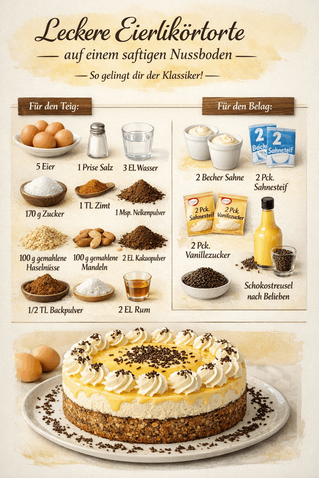 Leckere Eierlikörtorte auf einem saftigen Nussboden – So gelingt dir der Klassiker!